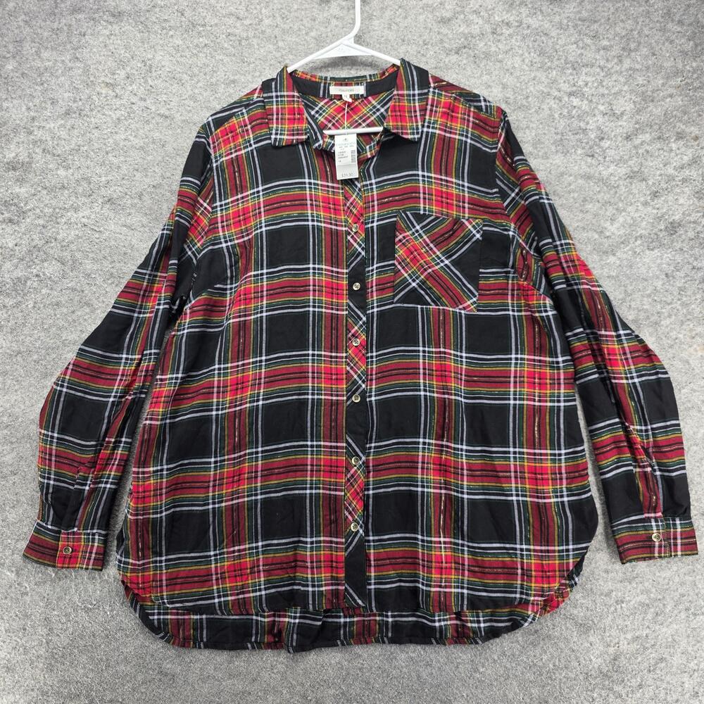 Maurices Button-Up Womens 1X Black Tunic Long Sleeve Collared Plaid Pockets